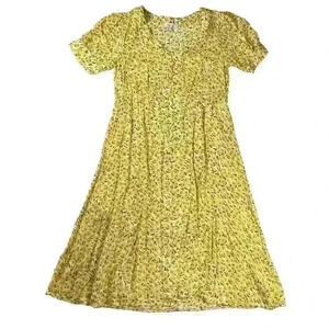 EDIT BY NINE Yellow Floral Knee Length Short Sleeve Lined Button Dress Women S